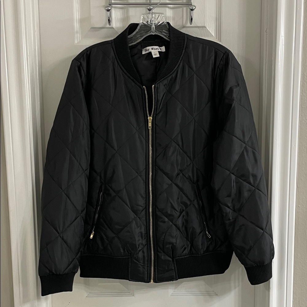 Say What? women's quilted puffer bomber jacket in black. Size L